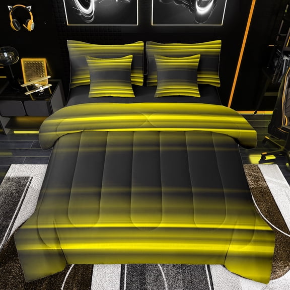 jejeloiu Geometric Lines Pattern 7 Pieces Bedding Comforter Set,Minimalism Stripe Full Bedding Set,Noen Yellow Striped Fitted Sheet Flat Sheet For Teens,Microfiber Bedroom Decor Reversible