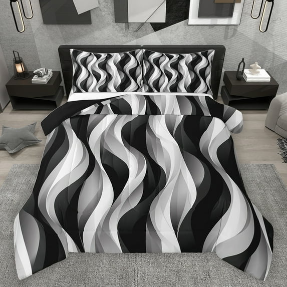jejeloiu Geometric Lines Pattern Bedding Comforter Set,Waves Stripe Twin Comforter Sets,White Black Striped Bedding Set For Teens,Microfiber Bedroom Decor Reversible,2-Piece