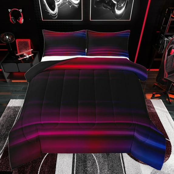 jejeloiu Geometric Lines Pattern Full Size Comforter Sets,Neon Stripe Bedding Comforter Set,Black Red Bedding Sets For Teens,Microfiber Bedroom Decor Reversible,3 Pieces