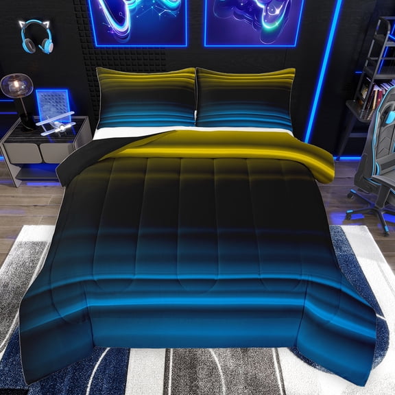 jejeloiu Geometric Lines Pattern Queen Comforter Set,Abstract Neon Stripe Bedding Sets,Yellow Black Blue Bedding Comforter Set For Teens,Microfiber Bedroom Decor Reversible,3-Piece