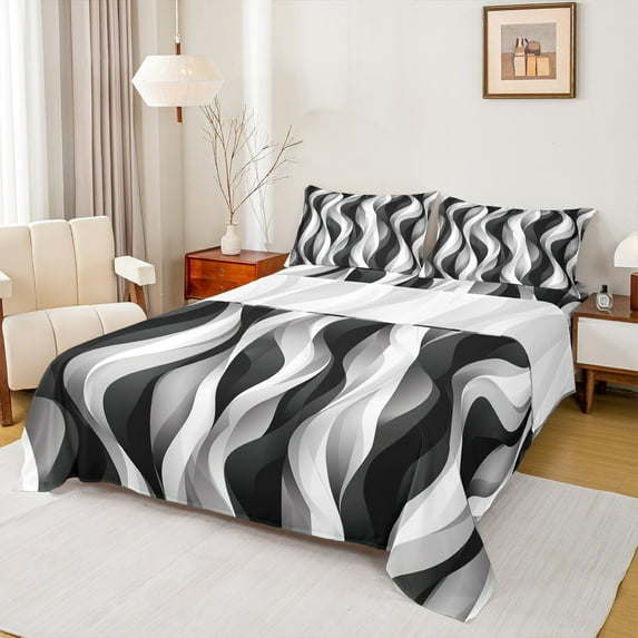 jejeloiu Geometric Lines Pattern Queen Sheet Sets,Waves Stripe Flat Sheet,White Black Striped Queen Fitted Sheet For Teens,Microfiber Bedroom Decor,4pcs