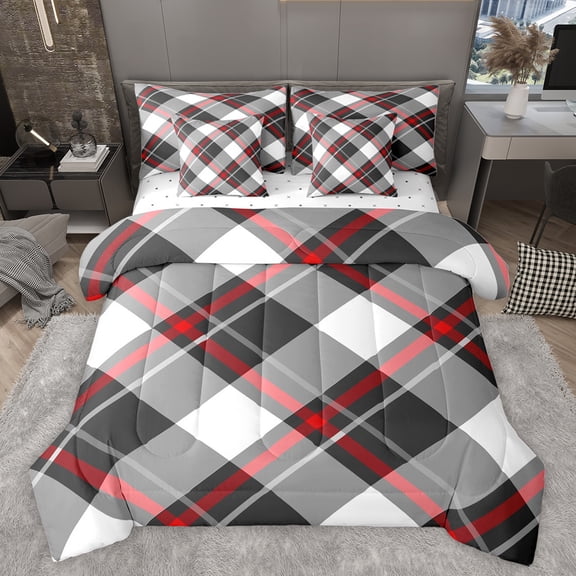 jejeloiu Geometric Plaid Grid 7-Piece Bedding Comforter Set,Minimalism Style King Bedding Sets,White Gray Rhombus Bed Sheets For Teens,Breathable Home Decor Reversible