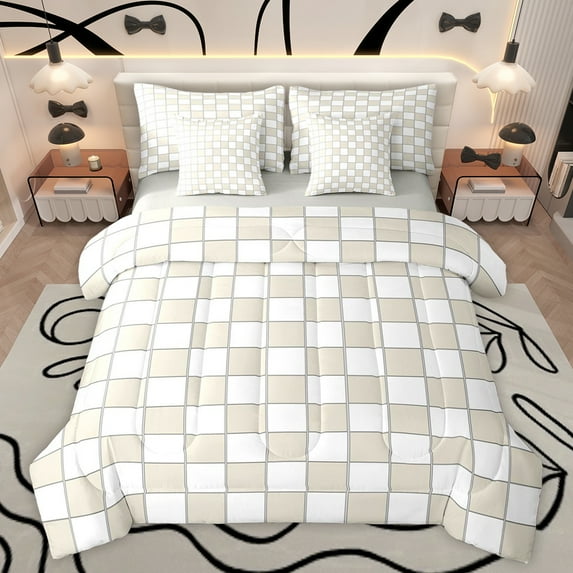 jejeloiu Geometric Plaid Grid 7-Piece Twin Bedding Sets,Minimalism Style Bedding Comforter Set,Gray Classic Buffalo Sheet Sets For Teens,Breathable Home Decor Reversible