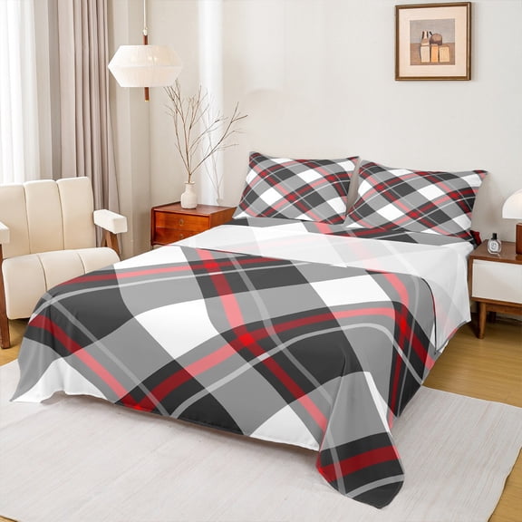 jejeloiu Geometric Plaid Grid Queen Sheet Sets,Minimalism Style Flat Sheet,White Gray Rhombus Queen Fitted Sheet For Teens,Breathable Home Decor,4 Pieces