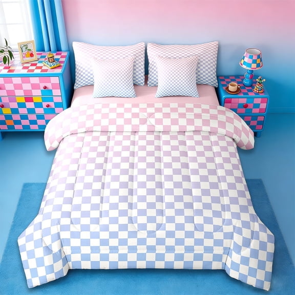 jejeloiu Geometric Plaid Twin Bedding Sets,7-Piece,Modern Geometric Aesthetic Bedding Comforter Set,Pink Blue Ombre Sheet Sets For Girls,Microfiber Room Decoration Reversible