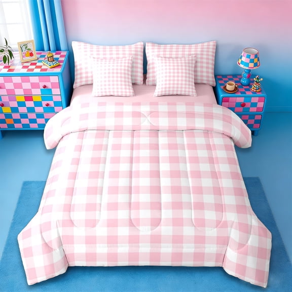 jejeloiu Geometric Plaid Twin Bedding Sets 7-Piece,Modern Geometric Aesthetic Bedding Comforter Set,Pink White Sheet Sets For Girls,Microfiber Room Decoration Reversible