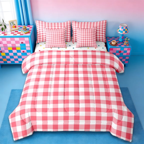 jejeloiu Geometric Plaid Twin Bedding Sets 7-Piece,Modern Geometric Aesthetic Bedding Comforter Set,Red White Sheet Sets For Girls,Microfiber Room Decoration Reversible
