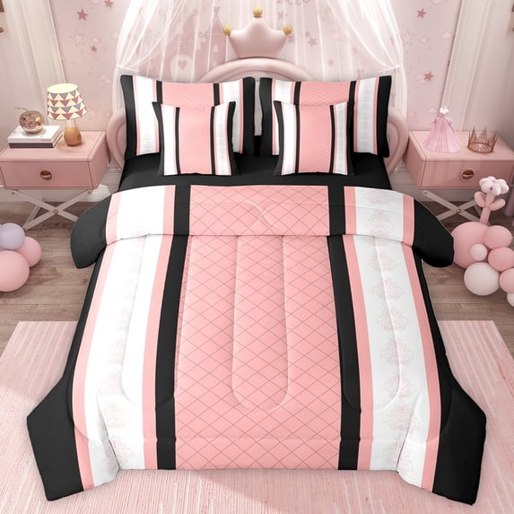 jejeloiu Geometric Rhombus Pattern 7-Piece Bedding Comforter Set,Rustic Baroque Floral King Bedding Sets,Pink Black Lines Bed Sheets For Girls,Microfiber Bedroom Decor Reversible