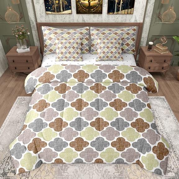 jejeloiu Geometric Rhombus Pattern 7 Pieces Bedding Comforter Set,Modern Abstract Art Full Bedding Set,Yellow Brown Gray Fitted Sheet Flat Sheet For Teens,Breathable Home Decor Reversible