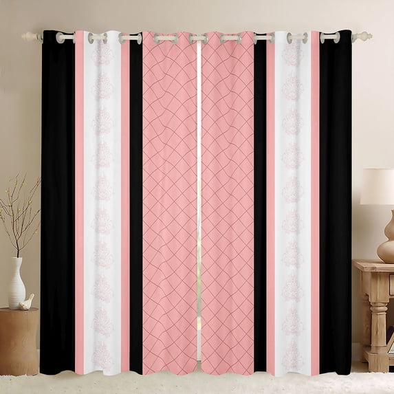 jejeloiu Geometric Rhombus Pattern Blackout Curtains Set of 2 (52x84 Each),Rustic Baroque Floral Window Curtains,Pink Black Lines Curtains and Drapes For Girls,Microfiber Bedroom Decor