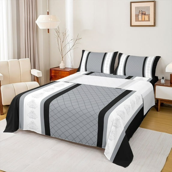 jejeloiu Geometric Rhombus Pattern Twin Sheet Sets,Rustic Baroque Floral Twin Fitted Sheet,Greay White Lines Flat Sheet For Girls,Microfiber Bedroom Decor,3pcs