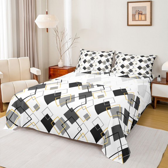 jejeloiu Geometric Rhombus Textured Bed Sheets,White Gray Black King Sheets For Adults 4pcs