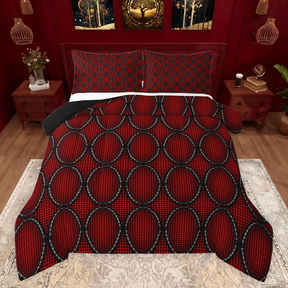 jejeloiu Geometric Rhombus Textured Queen Comforter Set,Vintage Ellipse Pattern Bedding Sets,Red Black Bedding Comforter Set For Teens,Super Cozy Room Decor Reversible,3-Piece