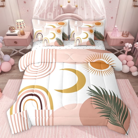 jejeloiu Geometric Stripe Lines 7-Piece Twin Bedding Sets,Bohemian Style Moon Bedding Comforter Set,Tropical Plants Plam Sheet Sets For Adults,Microfiber Bedroom Decor Reversible