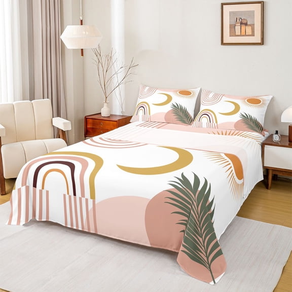jejeloiu Geometric Stripe Lines Bed Sheets,Bohemian Style Moon King Sheets,Tropical Plants Plam Sheet Set For Adults,Microfiber Bedroom Decor,4pcs