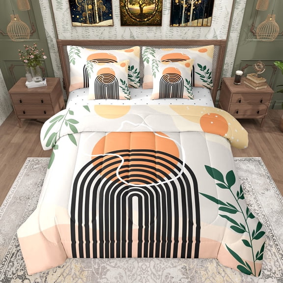 jejeloiu Stripe Circle Leaf Queen 7-Piece Reversible Adult Breathable Minimalist Geometric Plant Bedding Set