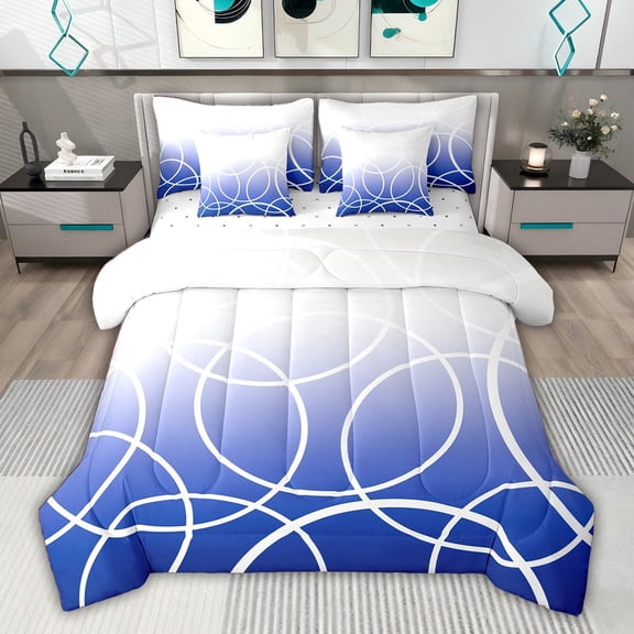 jejeloiu Geometric Striped Circular 7 Pieces Bedding Comforter Set,Gradient White Blue Full Bedding Set For Girls Boys Reversible