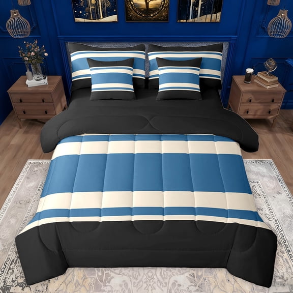 jejeloiu Geometric Stripes Lines 7-Piece Bedding Comforter Set,Abstract Geometric Art King Bedding Sets,Black Blue Bed Sheets For Adults,Breathable Home Decor Reversible
