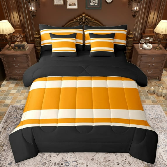 jejeloiu Geometric Stripes Lines 7 Pieces Bedding Comforter Set,Abstract Geometric Art Full Bedding Set,Orange Black Beige Fitted Sheet Flat Sheet For Adults,Breathable Home Decor Reversible