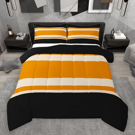 jejeloiu Geometric Stripes Lines Bedding Comforter Set,Abstract Geometric Art Twin Comforter Sets,Orange Black Beige Bedding Set For Adults,Breathable Home Decor Reversible,2 Pieces