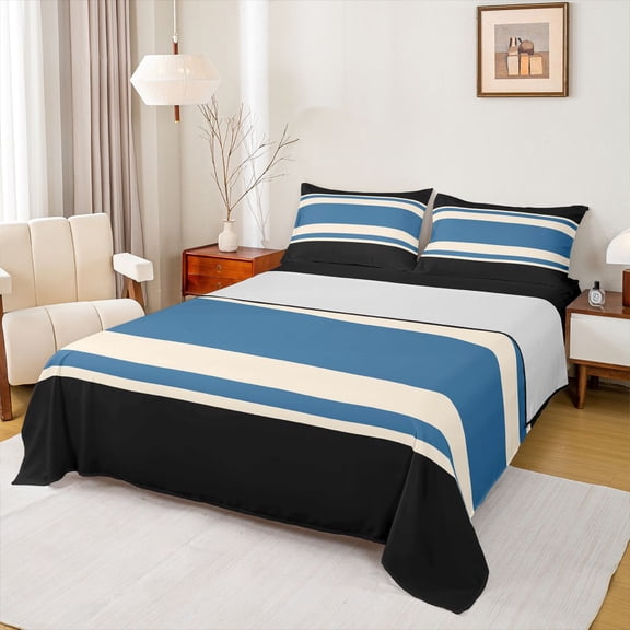 jejeloiu Geometric Stripes Lines Twin Sheet Sets,Abstract Geometric Art Twin Fitted Sheet,Black Blue Flat Sheet For Adults,Breathable Home Decor,3-Piece
