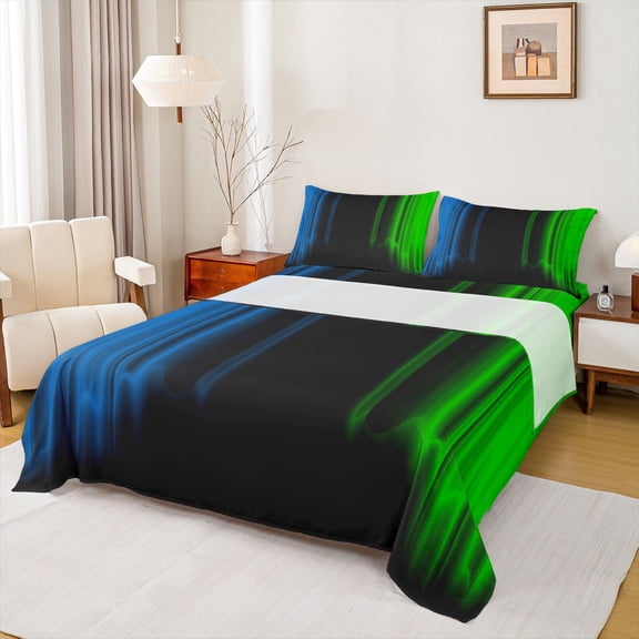 jejeloiu Geometric Stripes Lines Twin Sheet Sets,Green Black Blue Bedding For Men Women 3-Piece