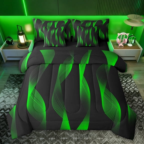 jejeloiu Geometric Stripes Pattern 7-Piece Twin Bedding Sets,Green Wave Line Bedding Comforter Set For Men Women Reversible