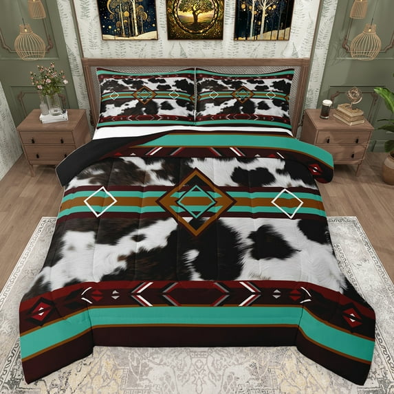 jejeloiu Geometric Stripes Pattern Full Size Comforter Sets,Cow Cattle Hide Bedding Comforter Set,Cyan Brown Lines Bedding Sets For Girls Kids,Microfiber Bedroom Decor Reversible,3 Pieces
