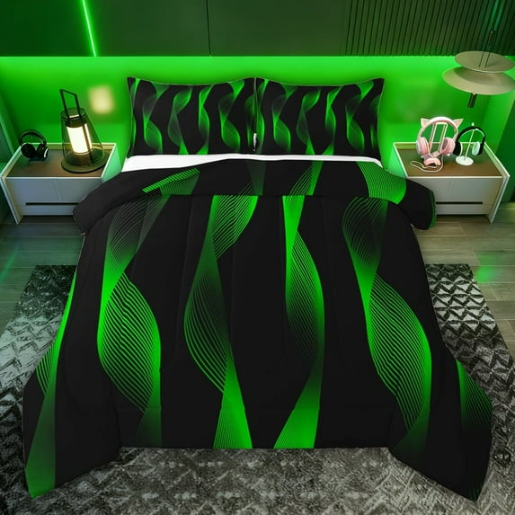 jejeloiu Geometric Stripes Pattern Full Size Comforter Sets,Green Wave Line Bedding Sets For Men Women Reversible 3 Pieces