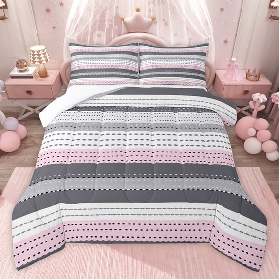 jejeloiu Geometric Stripes Pattern Full Size Comforter Sets,Pink White Gray Bedding Sets For Men Women 3-Piece