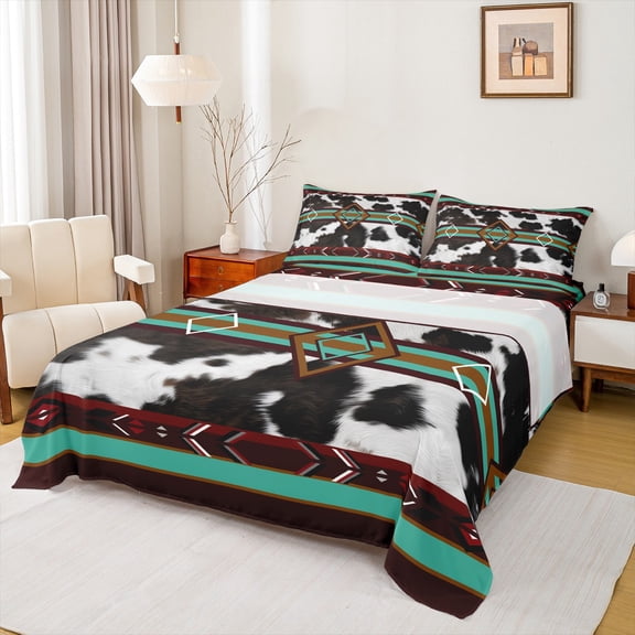 jejeloiu Geometric Stripes Pattern Full Size Sheets,Cow Cattle Hide Bed Sheets,Cyan Brown Lines Sheet Sets For Girls Kids,Microfiber Bedroom Decor,4 Pieces