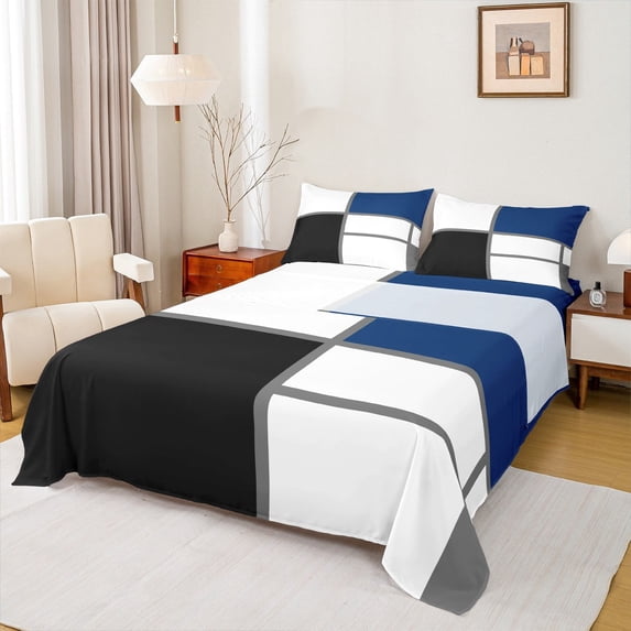jejeloiu Geometric Stripes Plaid Queen Sheet Sets,Modern Abstract Art Flat Sheet,Black White Blue Queen Fitted Sheet,Microfiber Bedroom Decor,4 Pieces
