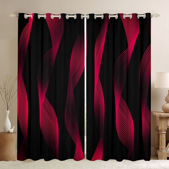 jejeloiu Geometric Waves Stripes Black Out Curtains,Red Black Curtains Pack of 2 (42x63 Each) For Girls Boys