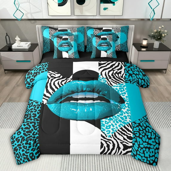 jejeloiu Geometric Zebra Striped 7pcs Bedding Comforter Set,Black Blue White Queen Bedding Sets For Girls Kids Reversible