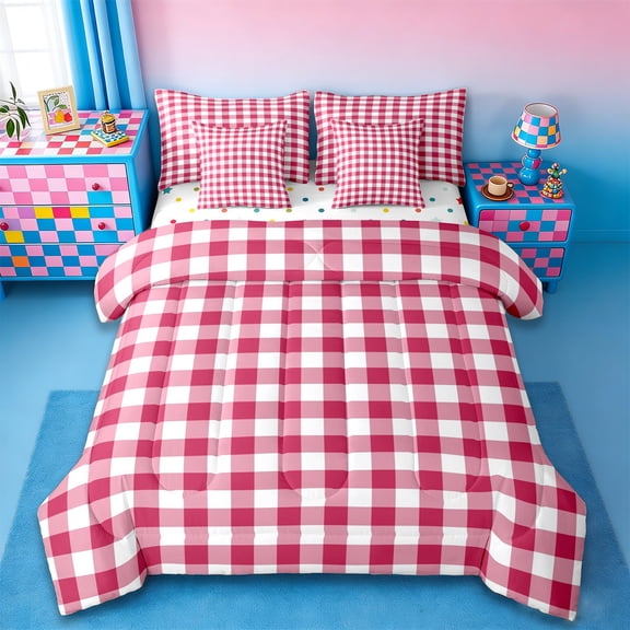 jejeloiu Geometric Checkered Twin Bedding Sets 7-Piece,Geometric Aesthetic Bedding Comforter Set,Red White Sheet Sets For Child,Lightweight Room Decor Reversible