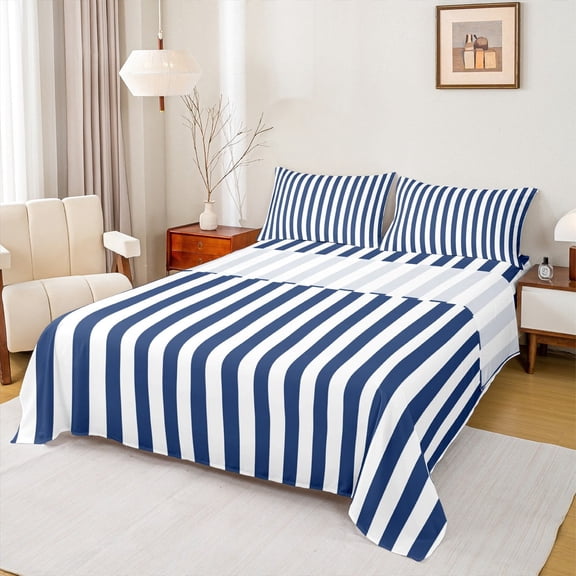 jejeloiu Geometric Lines Bed Sheets,Modern Geometric Stripes King Sheets,Deepblue White Sheet Set For Girls Boys,Super Cozy Room Decor,4 Pieces