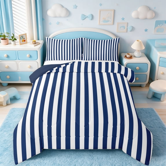 jejeloiu Geometric Lines Bedding Comforter Set,Modern Geometric Stripes Twin Comforter Sets,Deepblue White Bedding Set For Girls Boys,Super Cozy Room Decor Reversible,2 Pieces