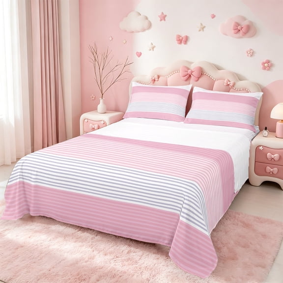 jejeloiu Geometric Lines Queen Sheet Sets,Modern Geometric Stripes Flat Sheet,Pink White Queen Fitted Sheet For Girls Boys,Super Cozy Room Decor,4pcs