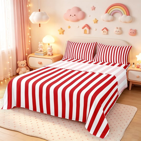 jejeloiu Geometric Lines Queen Sheet Sets,Modern Geometric Stripes Flat Sheet,Red White Queen Fitted Sheet For Girls Boys,Super Cozy Room Decor,4 Pieces