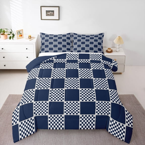 jejeloiu Geometric Plaid Full Size Comforter Sets,Modern Minimalist Geometric Bedding Comforter Set,Deepblue Checkerboard Grid Bedding Sets For Teens,Ultra Soft Home Decor Reversible,3-Piece