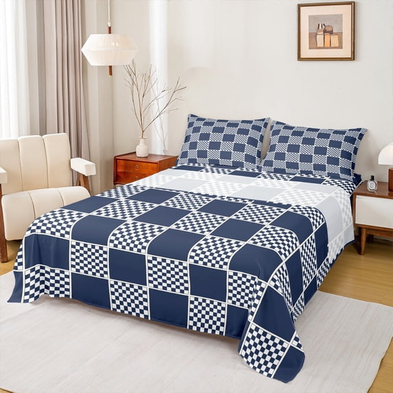 jejeloiu Geometric Plaid Full Size Sheets,Modern Minimalist Geometric Bed Sheets,Deepblue Checkerboard Grid Sheet Sets For Teens,Ultra Soft Home Decor,4-Piece