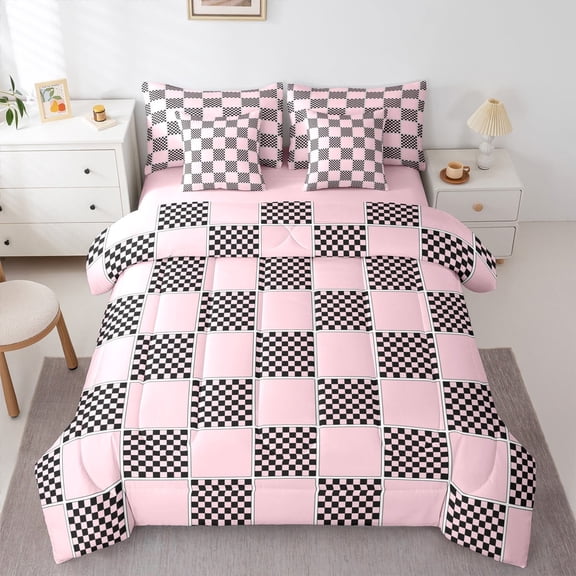 jejeloiu Geometric Plaid Grid Bedding Comforter Set 7-Piece,Modern Geometric Checkered King Bedding Sets,Pink Black Checkerboard Bed Sheets For Children,Microfiber Bedroom Decor Reversible
