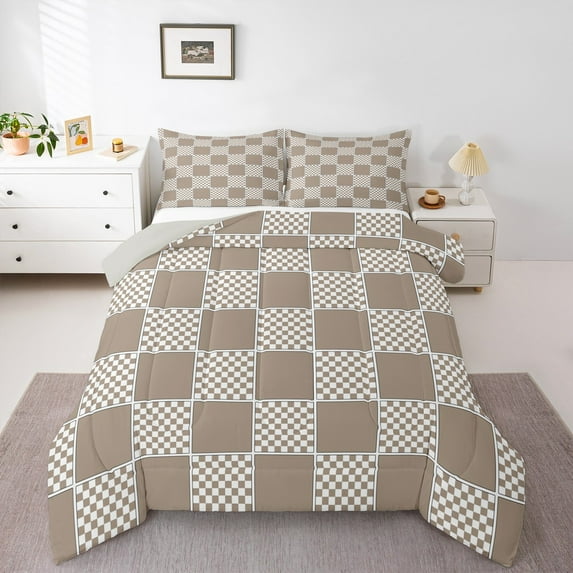 jejeloiu Geometric Plaid Grid Bedding Comforter Set,Modern Geometric Checkered Twin Comforter Sets,Brown White Checkerboard Bedding Set For Children,Microfiber Bedroom Decor Reversible,2pcs