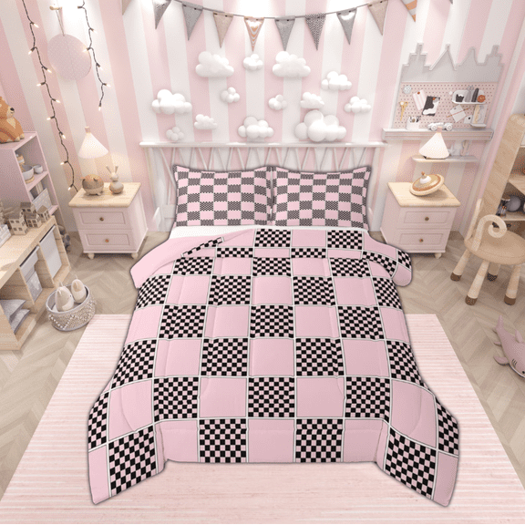 jejeloiu Geometric Plaid Grid Bedding Comforter Set,Modern Geometric Checkered Twin Comforter Sets,Pink Black Checkerboard Bedding Set For Children,Microfiber Bedroom Decor Reversible,2 Pieces