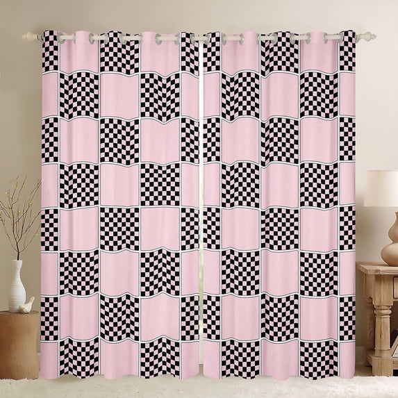 jejeloiu Geometric Plaid Grid Curtains Pack of 2 (42x84 Each),Modern Geometric Checkered Curtains Blackout,Pink Black Checkerboard Bedroom Curtains For Children,Microfiber Bedroom Decor