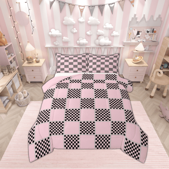 jejeloiu Geometric Plaid Grid Queen Comforter Set,Modern Geometric Checkered Bedding Sets,Pink Black Checkerboard Bedding Comforter Set For Children,Microfiber Bedroom Decor Reversible,3-Piece