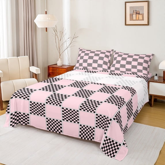 jejeloiu Geometric Plaid Grid Queen Sheet Sets,Modern Geometric Checkered Flat Sheet,Pink Black Checkerboard Queen Fitted Sheet For Children,Microfiber Bedroom Decor,4-Piece