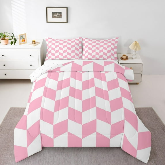 jejeloiu Geometric Rhombus Grid Full Size Comforter Sets,Modern Geometric Checkered Bedding Comforter Set,Pink Checkerboard Bedding Sets For Children,Microfiber Bedroom Decor Reversible,3pcs