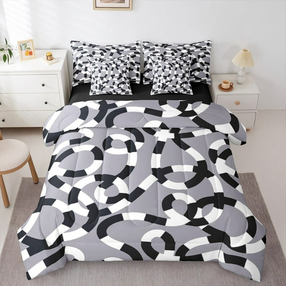 jejeloiu Geometric Waves Stripes Twin Bedding Sets 7-Piece,Geometric Lines Aesthetic Bedding Comforter Set,Rgray White Black Sheet Sets For Girls Microfiber Bedroom Decor Reversible