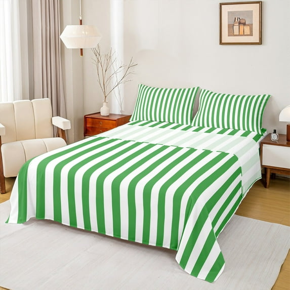 jejeloiu Geometric Waves Stripes Twin Sheet Sets,Geometric Lines Aesthetic Twin Fitted Sheet,Green White Flat Sheet For Girls Microfiber Bedroom Decor,3-Piece
